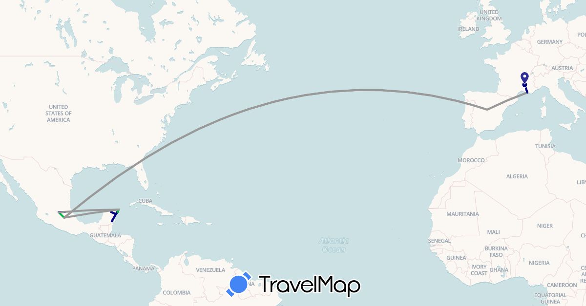 TravelMap itinerary: driving, bus, plane in Spain, France, Mexico (Europe, North America)